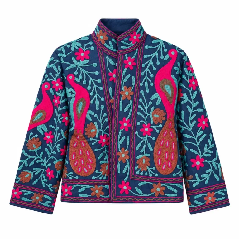 Maan Embroidery Peacock Jacket in Blue & Pink | Maison Neela